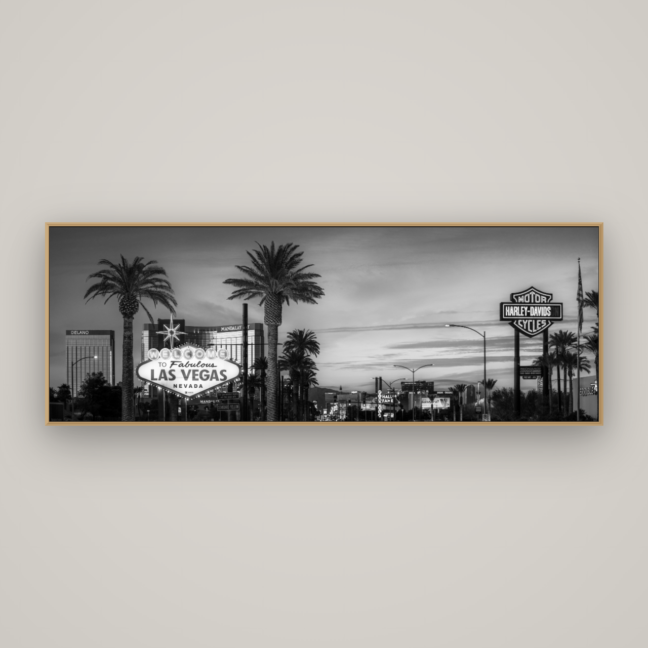 Neon Mirage, Sunset Dreams of Las Vegas, Basel Natural Oak, 198×70 cm. New Zealand fine art wall art by Stephen Milner.