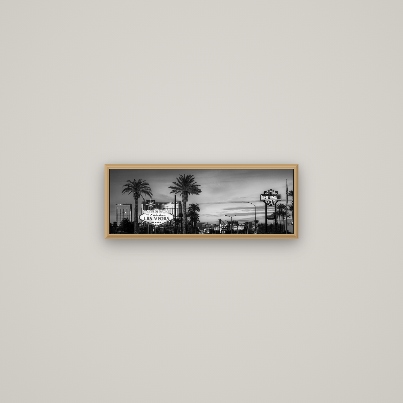 Neon Mirage, Sunset Dreams of Las Vegas, Basel Natural Oak, 57×20 cm. New Zealand fine art wall art by Stephen Milner.