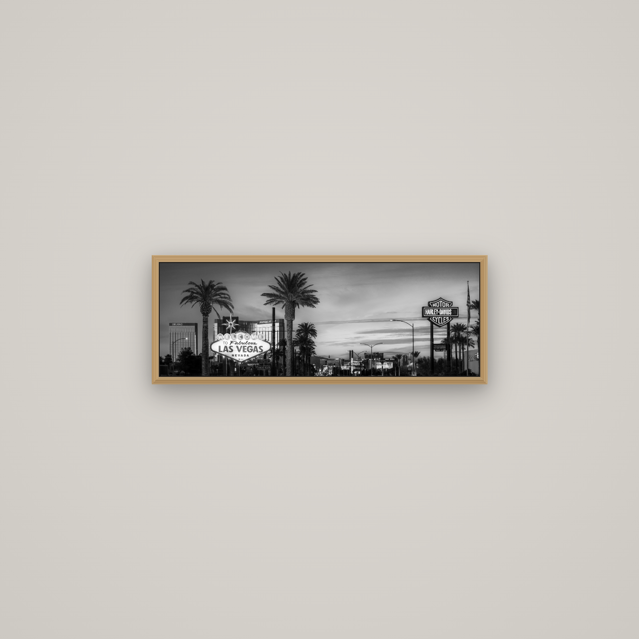 Neon Mirage, Sunset Dreams of Las Vegas, Basel Natural Oak, 68×24 cm. New Zealand fine art wall art by Stephen Milner.