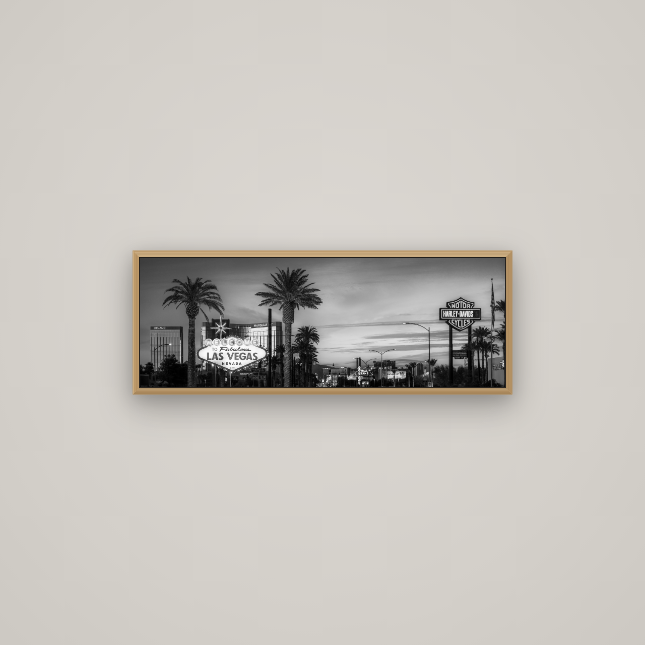 Neon Mirage, Sunset Dreams of Las Vegas, Basel Natural Oak, 85×30 cm. New Zealand fine art wall art by Stephen Milner.