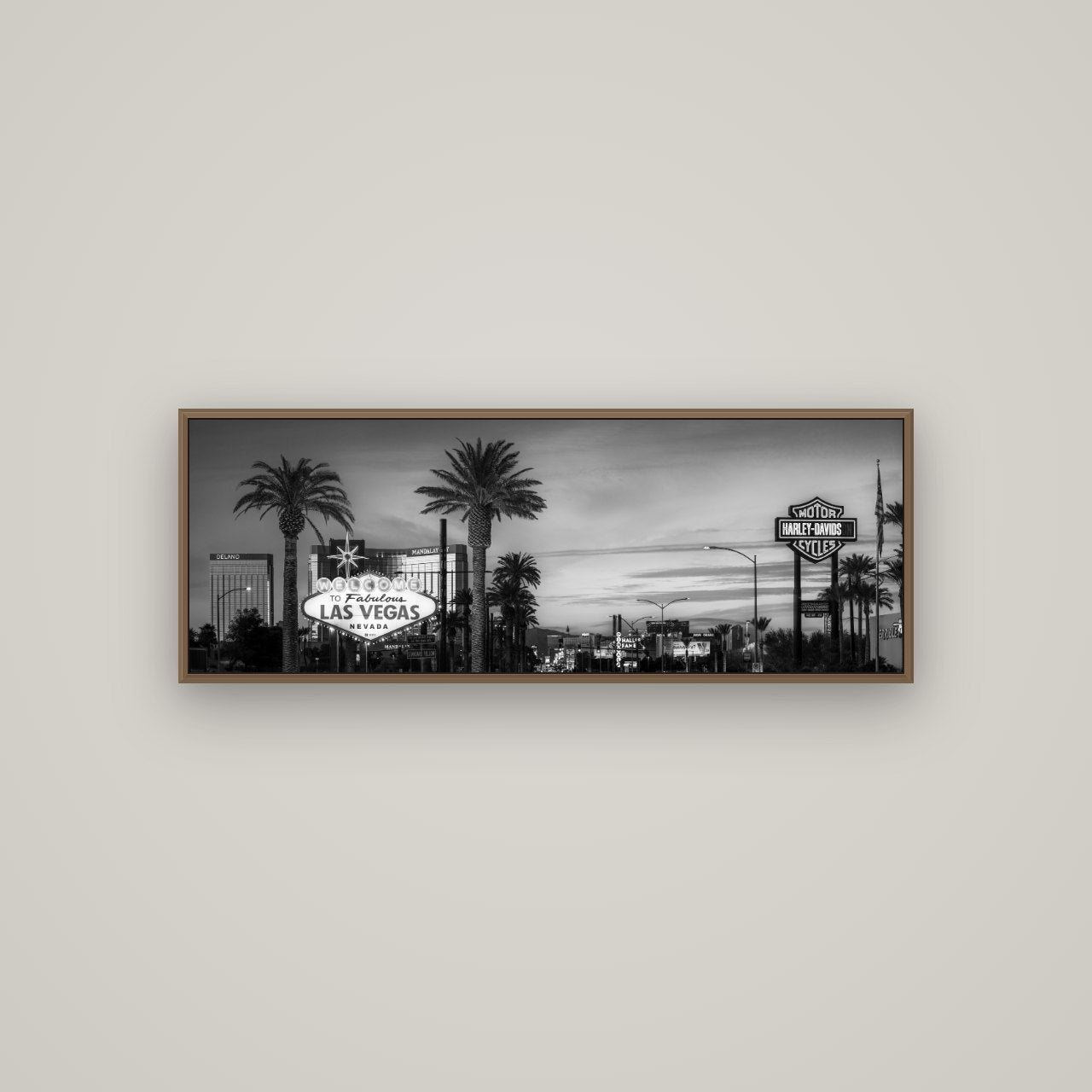Neon Mirage, Sunset Dreams of Las Vegas, Basel Walnut, 113×40 cm. New Zealand fine art wall art by Stephen Milner.