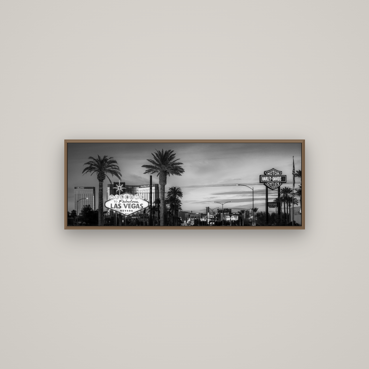 Neon Mirage, Sunset Dreams of Las Vegas, Basel Walnut, 113×40 cm. New Zealand fine art wall art by Stephen Milner.