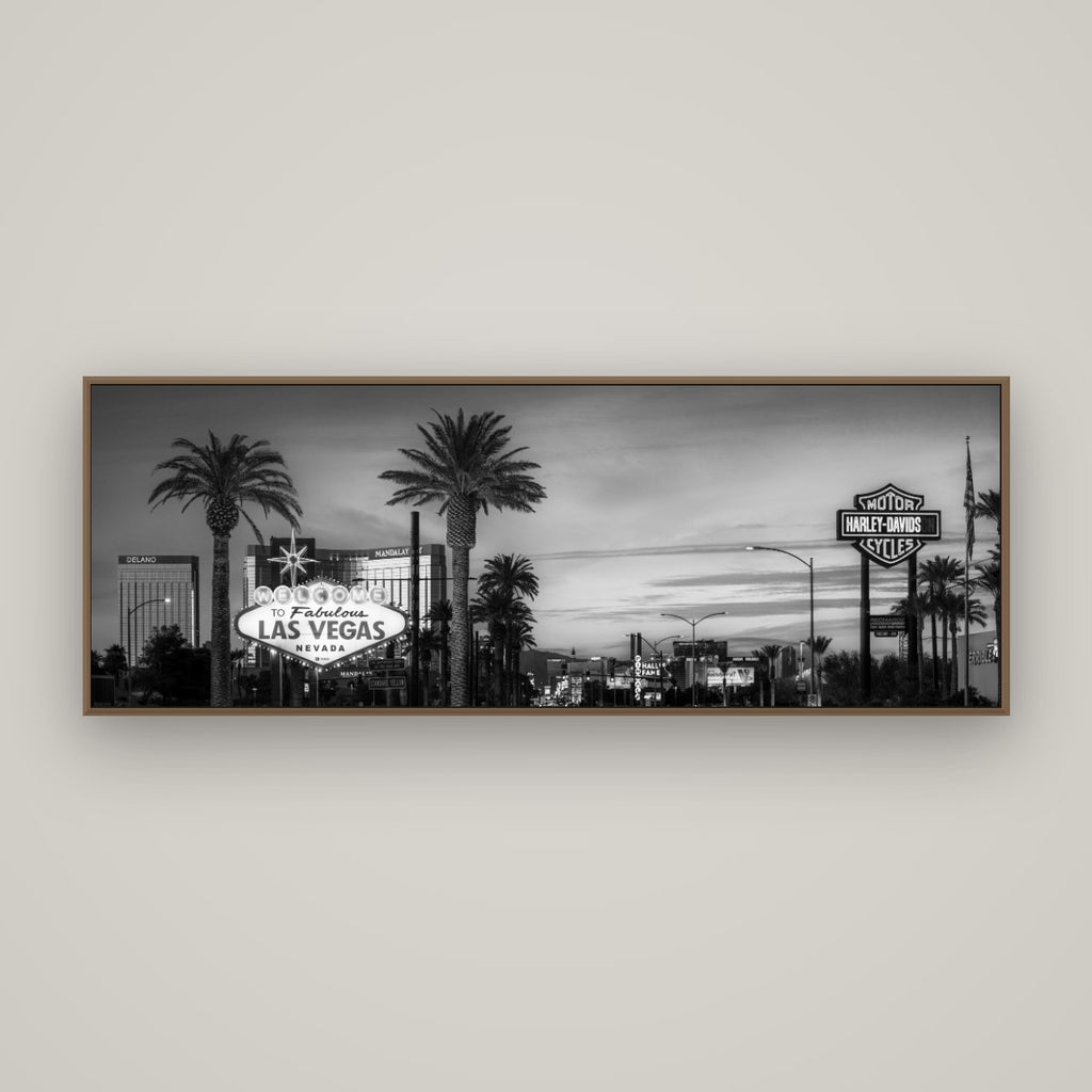 Neon Mirage, Sunset Dreams of Las Vegas, Basel Walnut, 170×60 cm. New Zealand fine art wall art by Stephen Milner.
