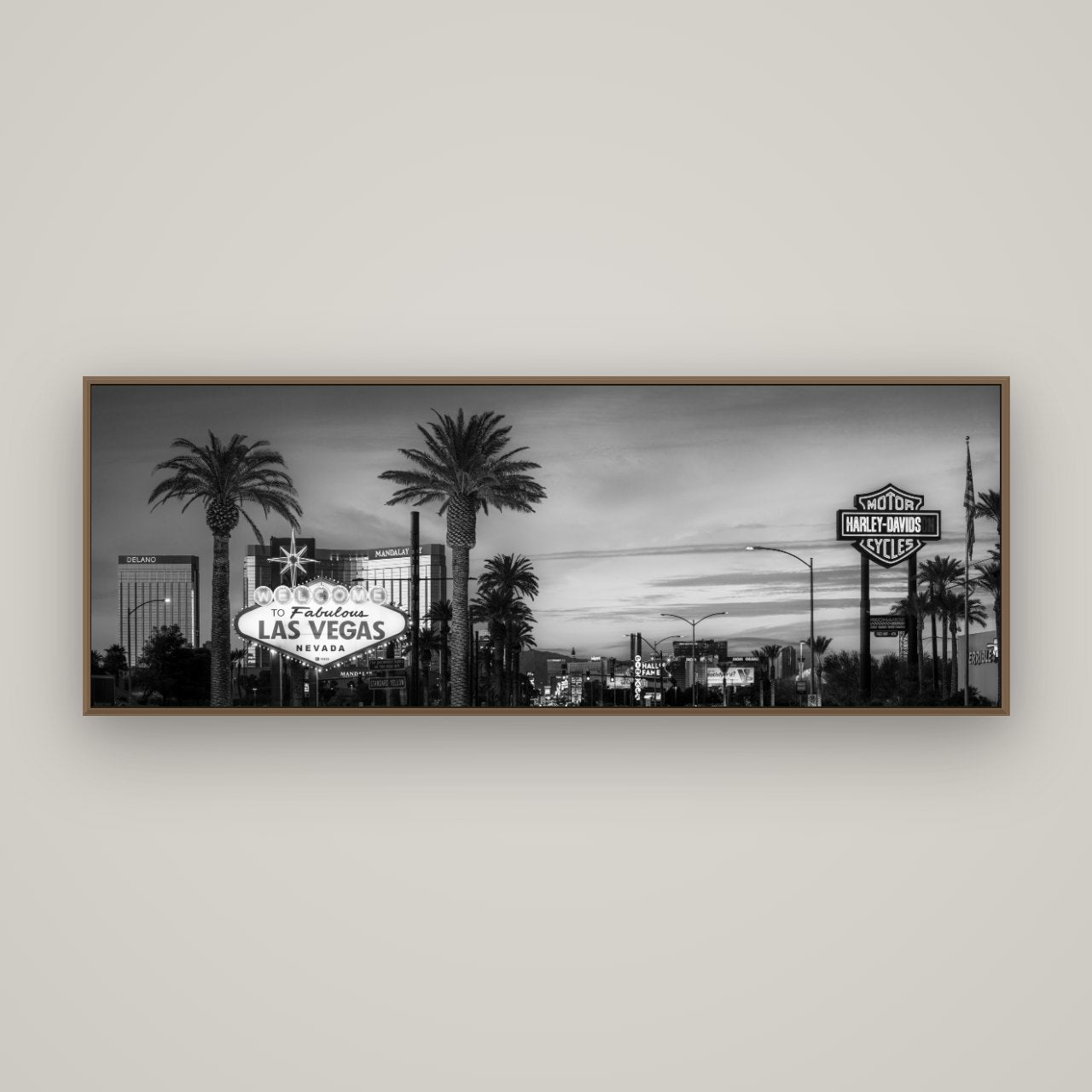 Neon Mirage, Sunset Dreams of Las Vegas, Basel Walnut, 170×60 cm. New Zealand fine art wall art by Stephen Milner.