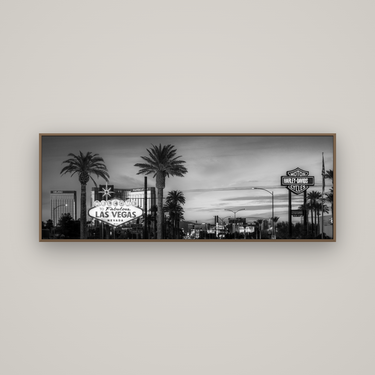 Neon Mirage, Sunset Dreams of Las Vegas, Basel Walnut, 170×60 cm. New Zealand fine art wall art by Stephen Milner.