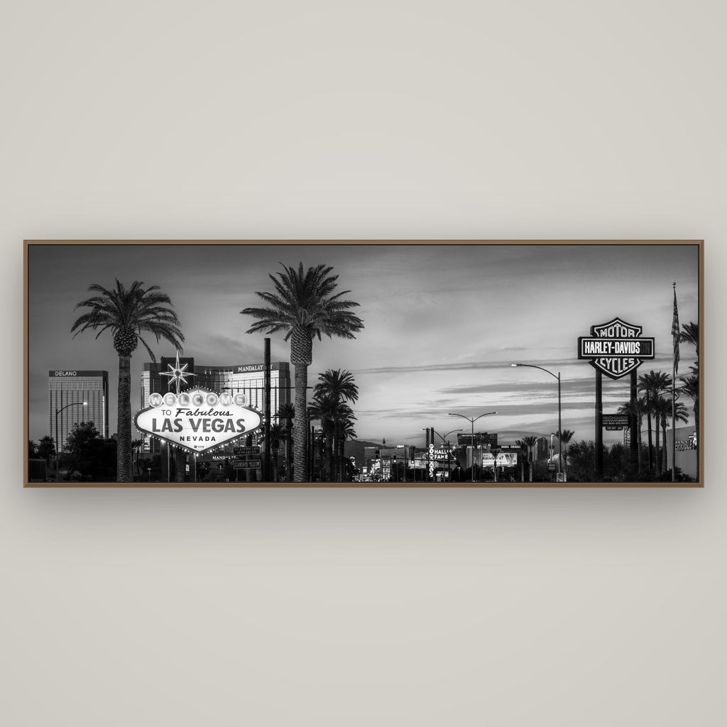 Neon Mirage, Sunset Dreams of Las Vegas, Basel Walnut, 198×70 cm. New Zealand fine art wall art by Stephen Milner.