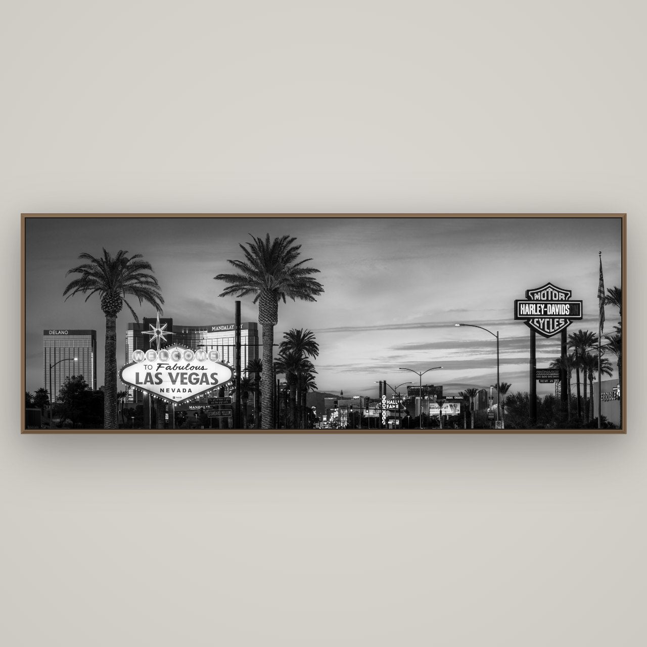 Neon Mirage, Sunset Dreams of Las Vegas, Basel Walnut, 198×70 cm. New Zealand fine art wall art by Stephen Milner.