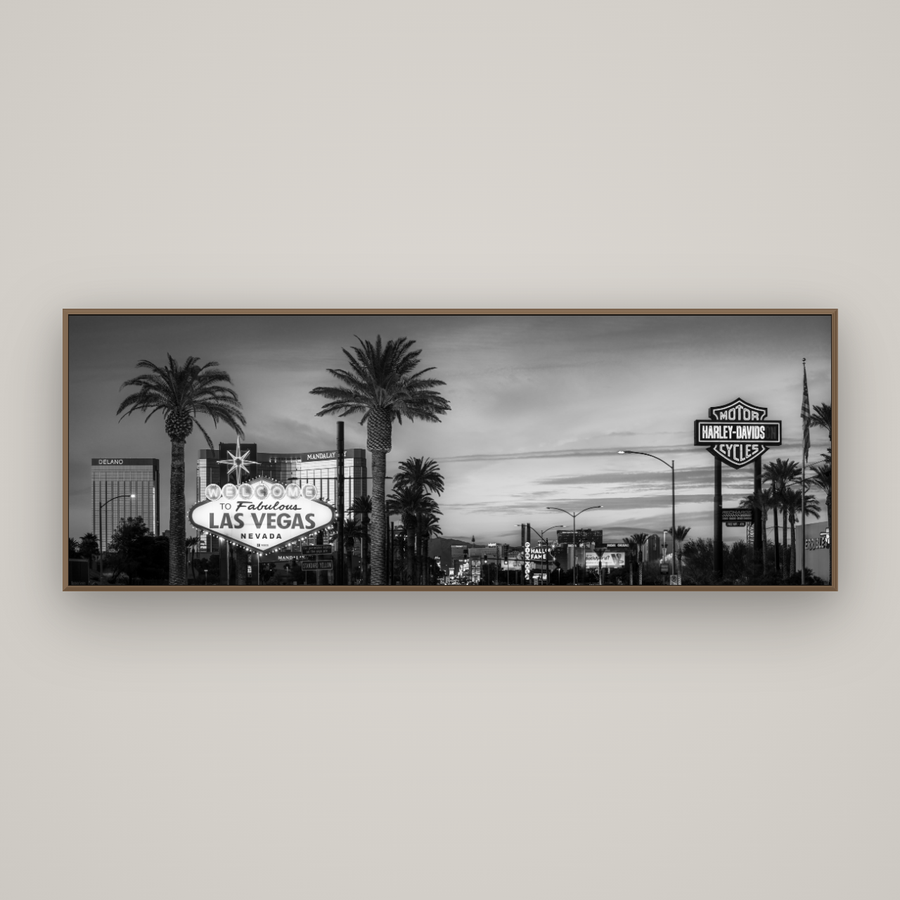 Neon Mirage, Sunset Dreams of Las Vegas, Basel Walnut, 198×70 cm. New Zealand fine art wall art by Stephen Milner.