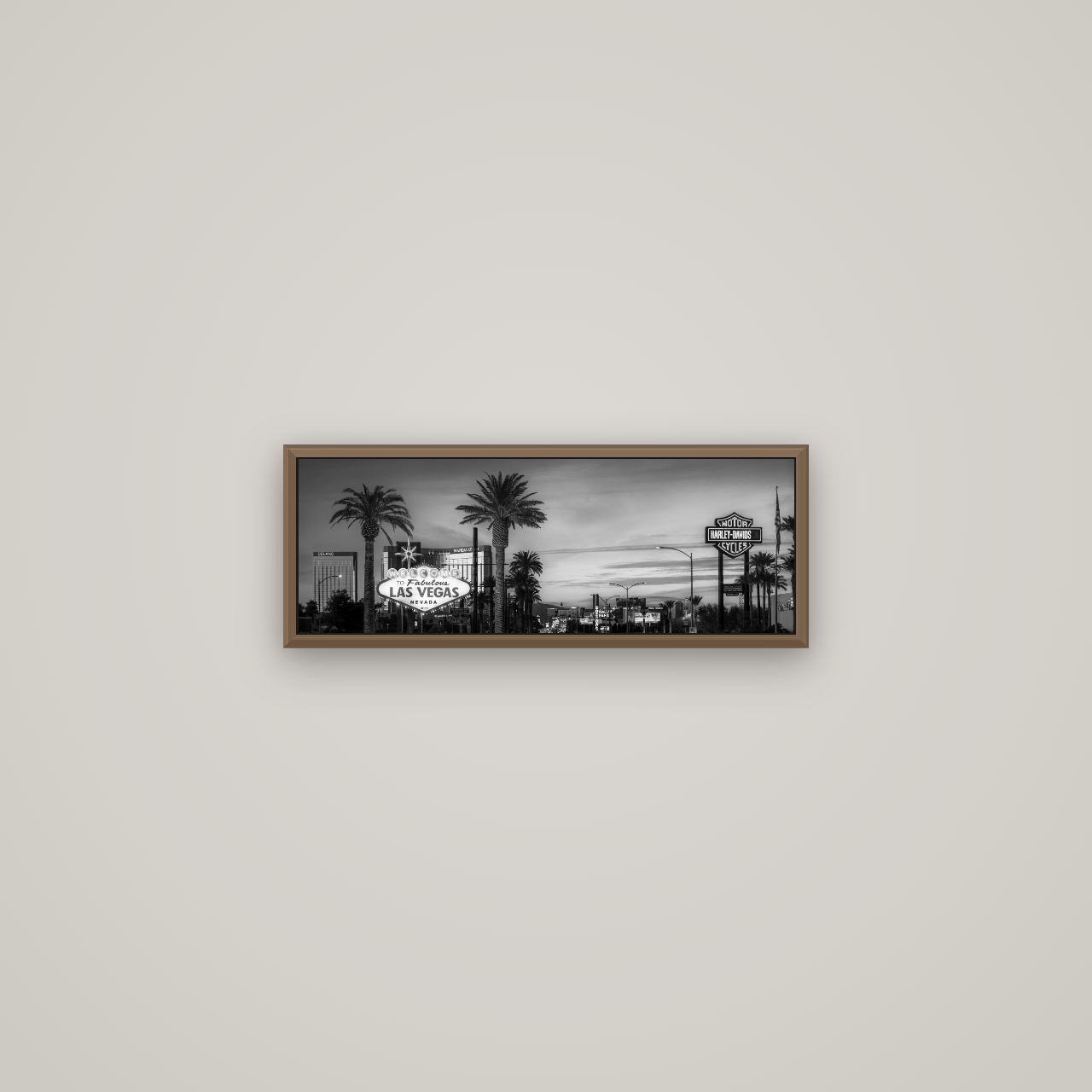 Neon Mirage, Sunset Dreams of Las Vegas, Basel Walnut, 57×20 cm. New Zealand fine art wall art by Stephen Milner.