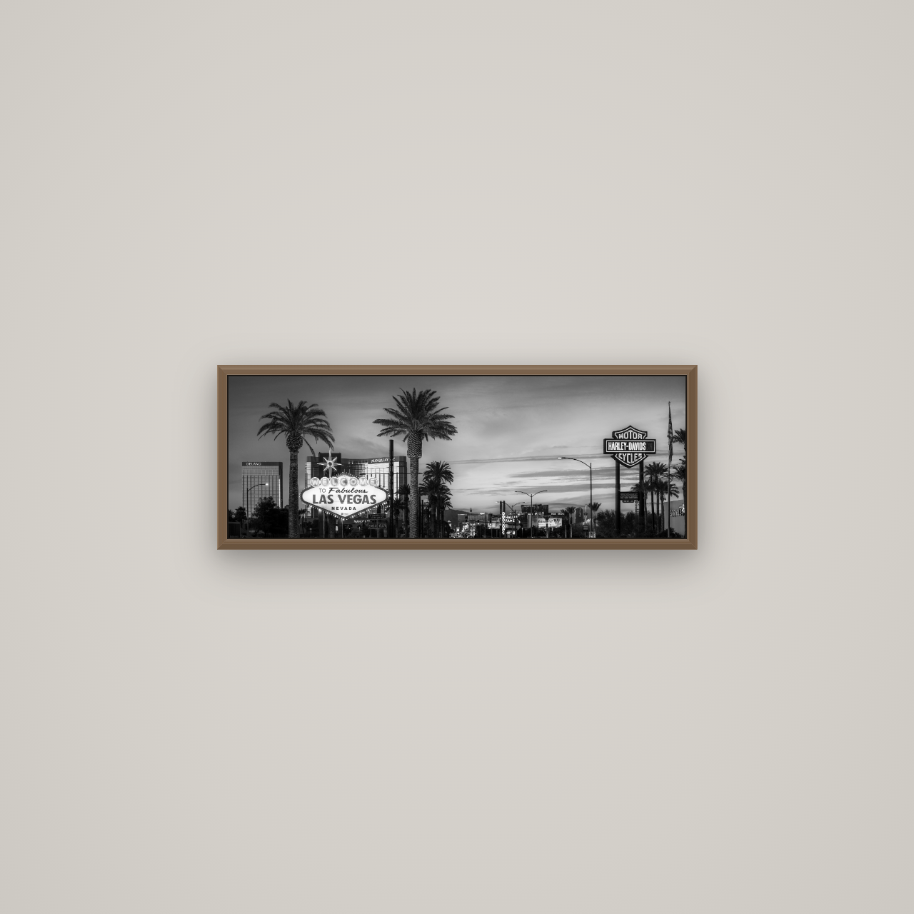 Neon Mirage, Sunset Dreams of Las Vegas, Basel Walnut, 68×24 cm. New Zealand fine art wall art by Stephen Milner.