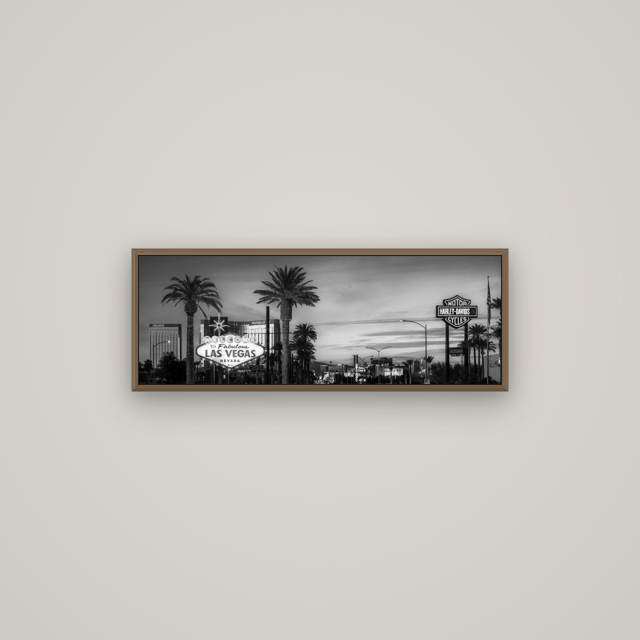 Neon Mirage, Sunset Dreams of Las Vegas, Basel Walnut, 85×30 cm. New Zealand fine art wall art by Stephen Milner.