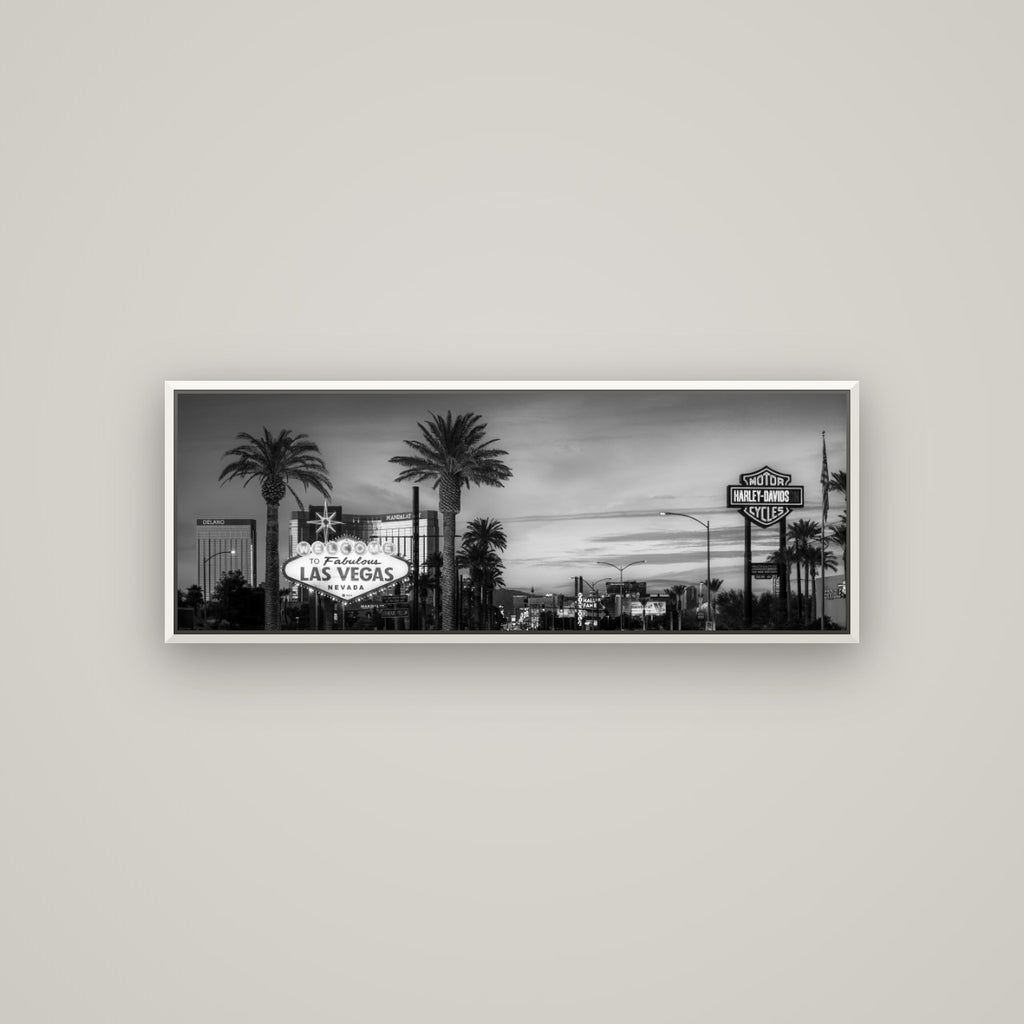 Neon Mirage, Sunset Dreams of Las Vegas — Basel White, 113×40 cm. New Zealand fine art wall art by Stephen Milner.