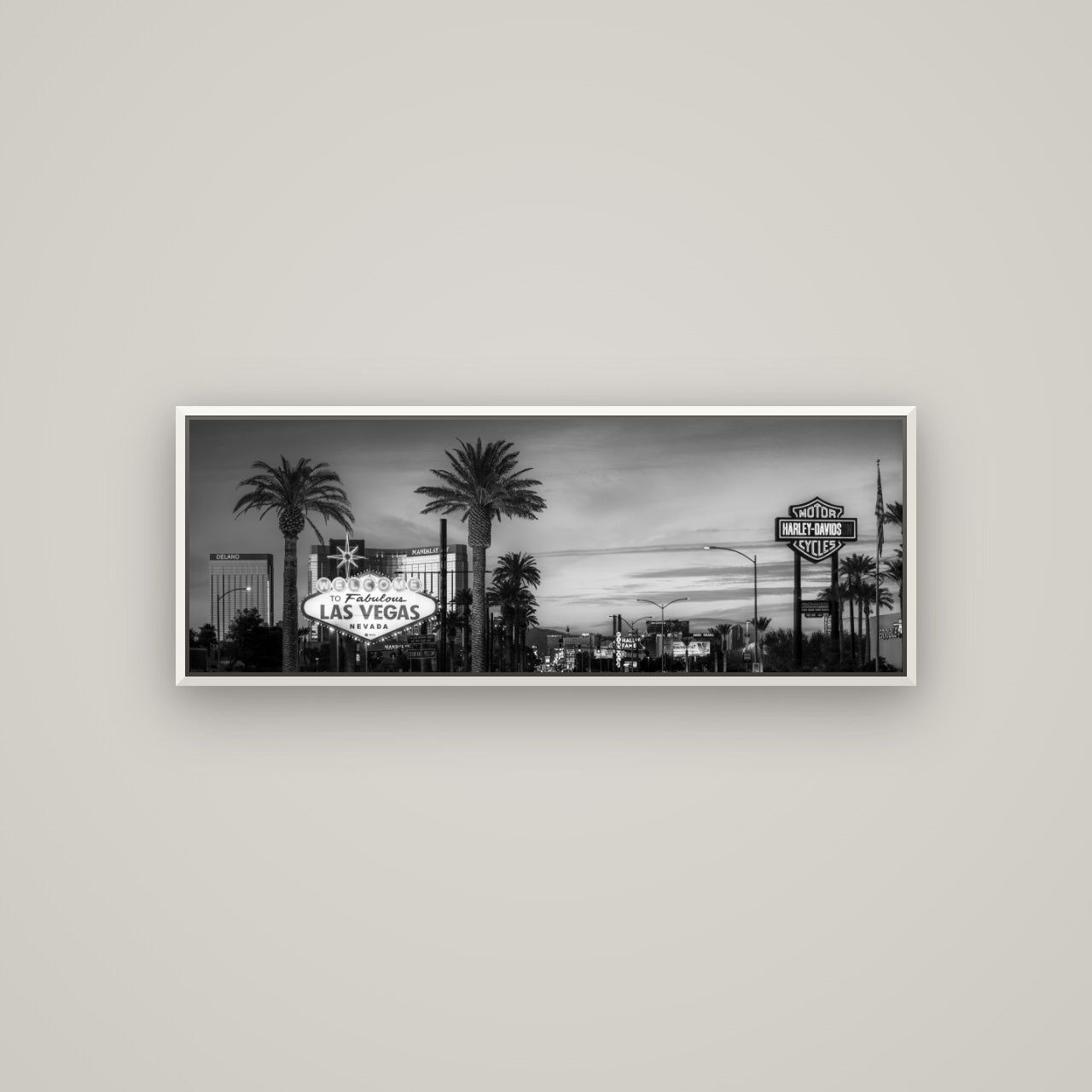 Neon Mirage, Sunset Dreams of Las Vegas — Basel White, 113×40 cm. New Zealand fine art wall art by Stephen Milner.