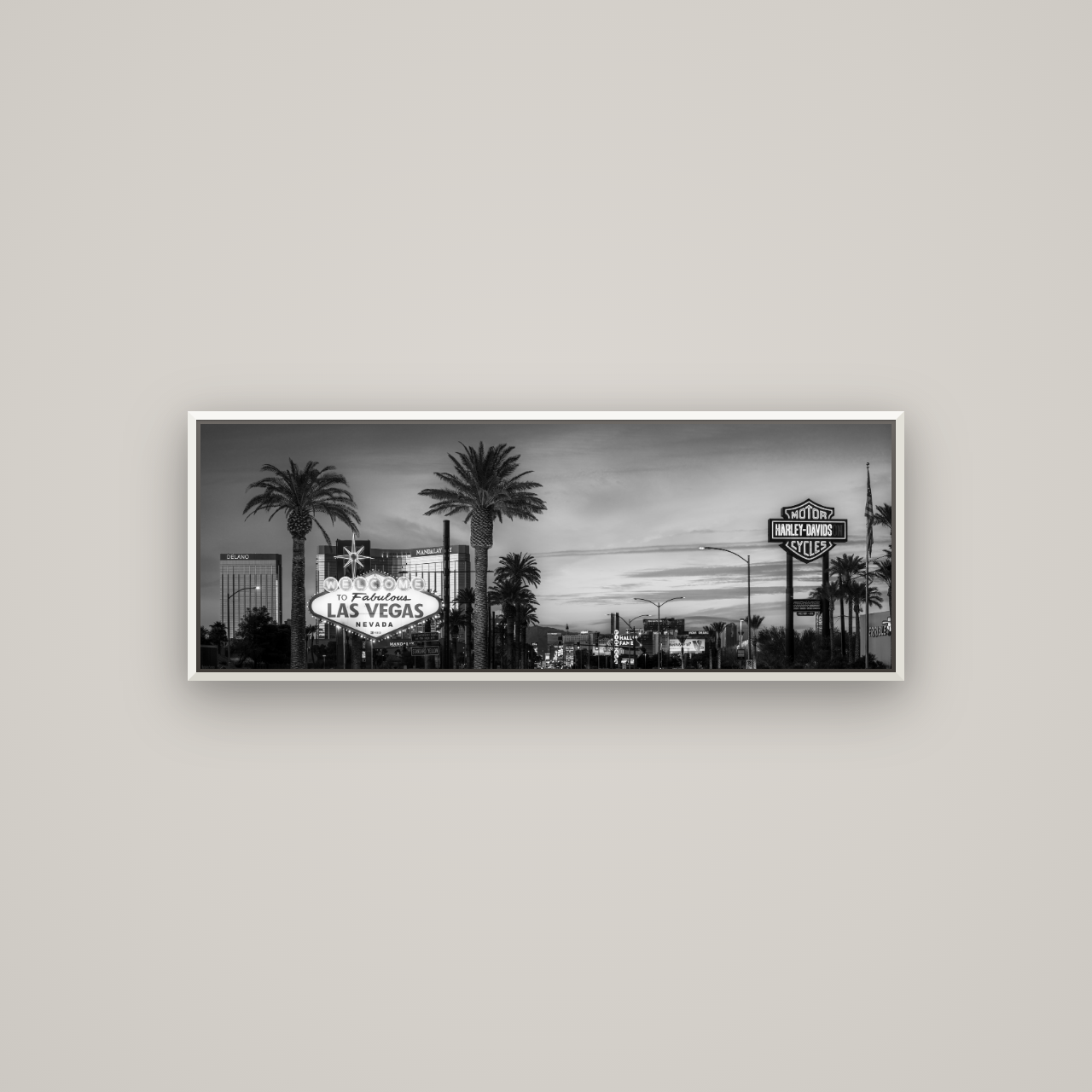 Neon Mirage, Sunset Dreams of Las Vegas — Basel White, 113×40 cm. New Zealand fine art wall art by Stephen Milner.