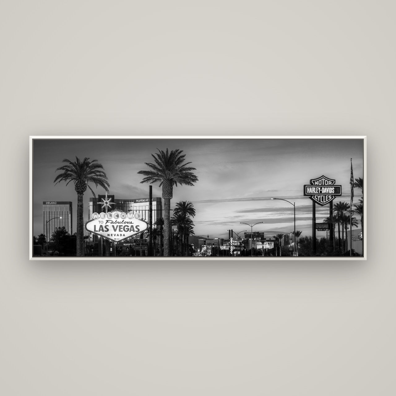 Neon Mirage, Sunset Dreams of Las Vegas — Basel White, 170×60 cm. New Zealand fine art wall art by Stephen Milner.