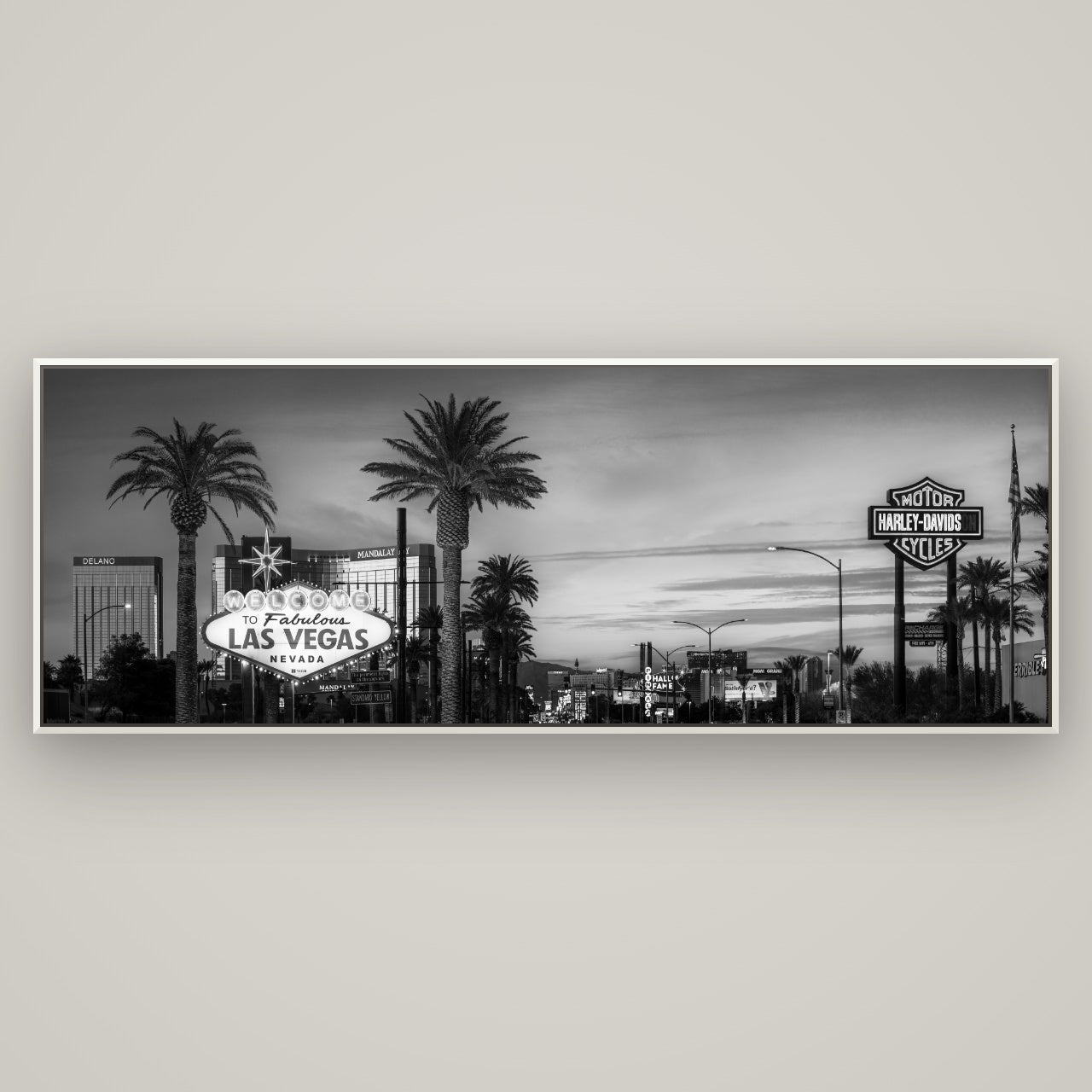 Neon Mirage, Sunset Dreams of Las Vegas — Basel White, 198×70 cm. New Zealand fine art wall art by Stephen Milner.
