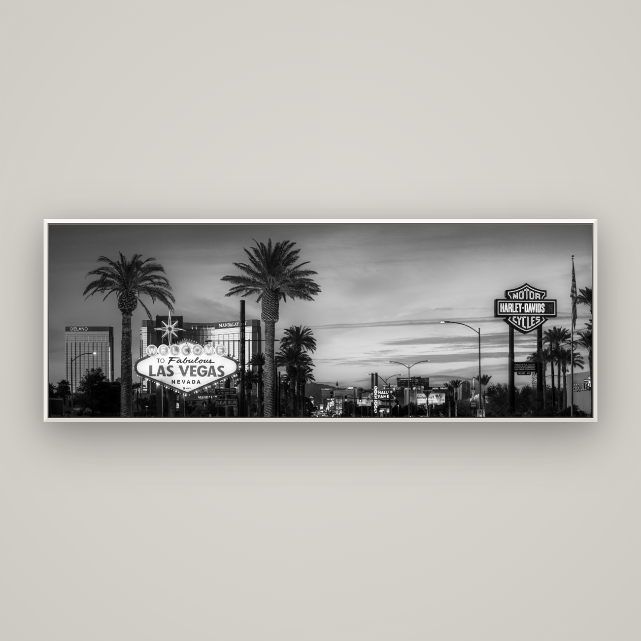 Neon Mirage, Sunset Dreams of Las Vegas — Basel White, 198×70 cm. New Zealand fine art wall art by Stephen Milner.