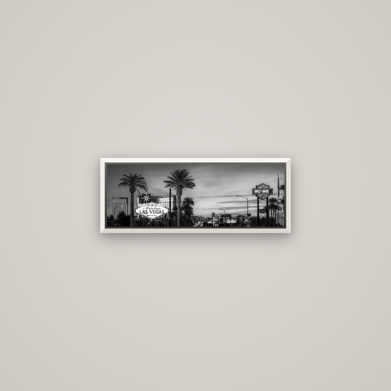 Neon Mirage, Sunset Dreams of Las Vegas — Basel White, 57×20 cm. New Zealand fine art wall art by Stephen Milner.