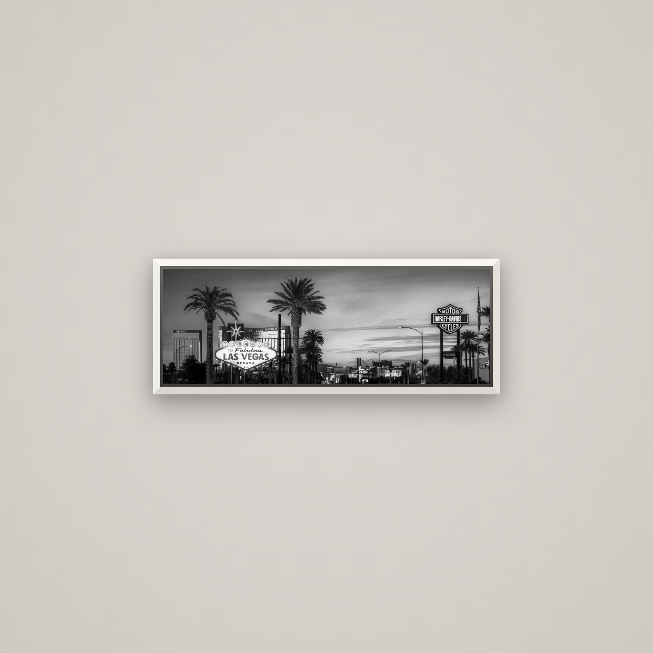 Neon Mirage, Sunset Dreams of Las Vegas — Basel White, 68×24 cm. New Zealand fine art wall art by Stephen Milner.