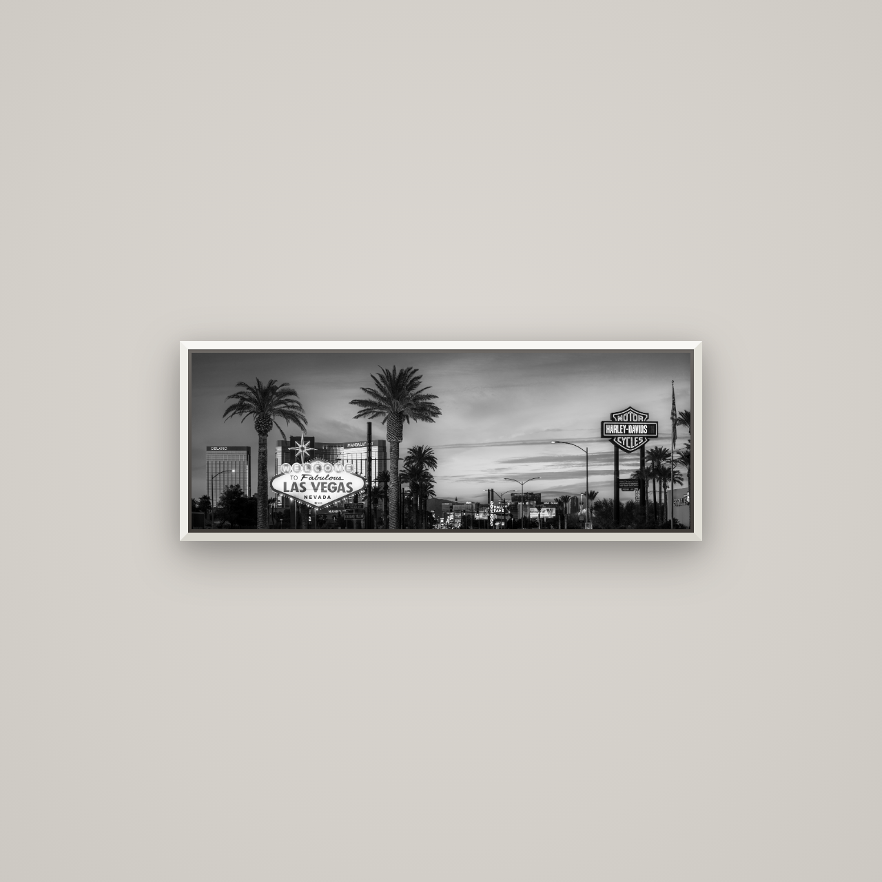 Neon Mirage, Sunset Dreams of Las Vegas — Basel White, 85×30 cm. New Zealand fine art wall art by Stephen Milner.