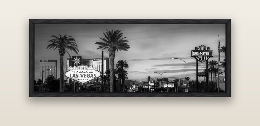 Neon Mirage, Sunset Dreams of Las Vegas — black float frame canvas, 152 × 56 cm. New Zealand fine art landscape wall art by Stephen Milner.