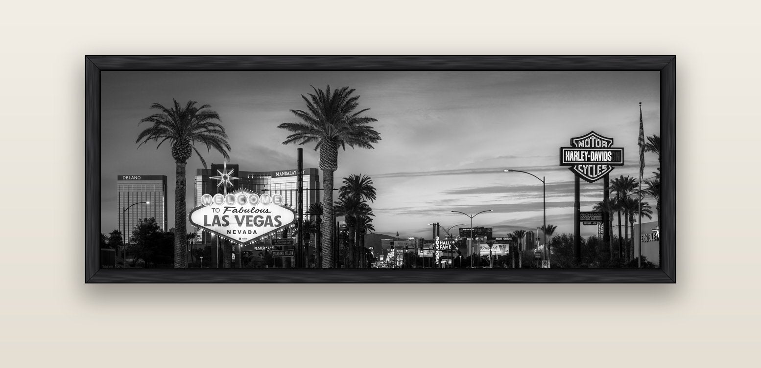Neon Mirage, Sunset Dreams of Las Vegas — black float frame canvas, 152 × 56 cm. New Zealand fine art landscape wall art by Stephen Milner.