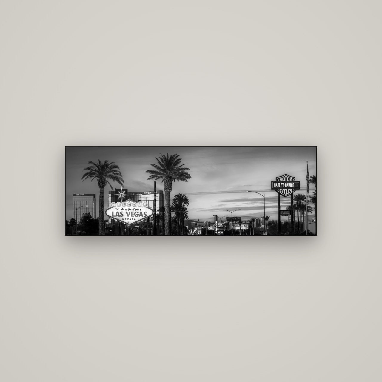 Neon Mirage, Sunset Dreams of Las Vegas — Slimline Black, 113×40 cm. New Zealand fine art wall art by Stephen Milner.