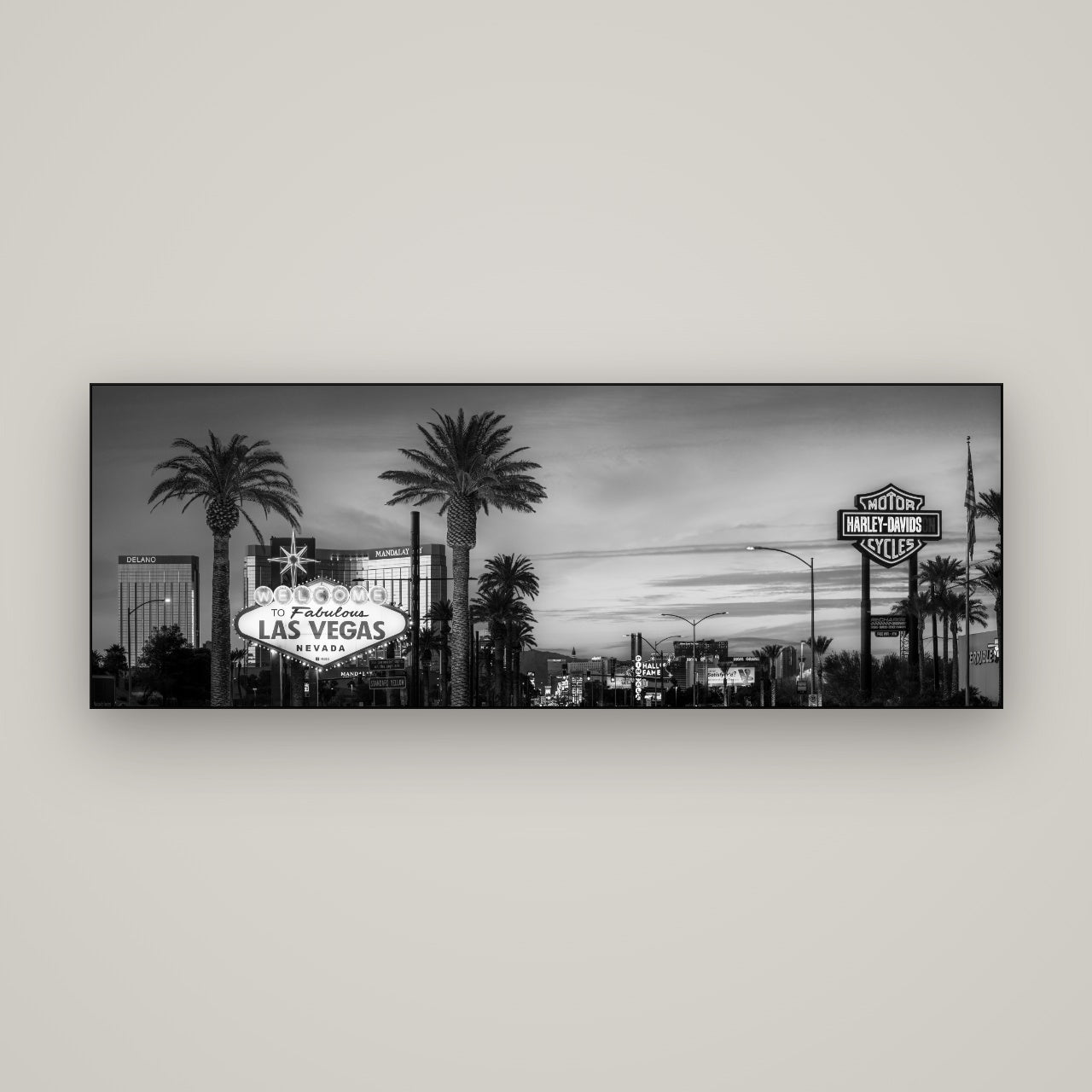 Neon Mirage, Sunset Dreams of Las Vegas — Slimline Black, 170×60 cm. New Zealand fine art wall art by Stephen Milner.