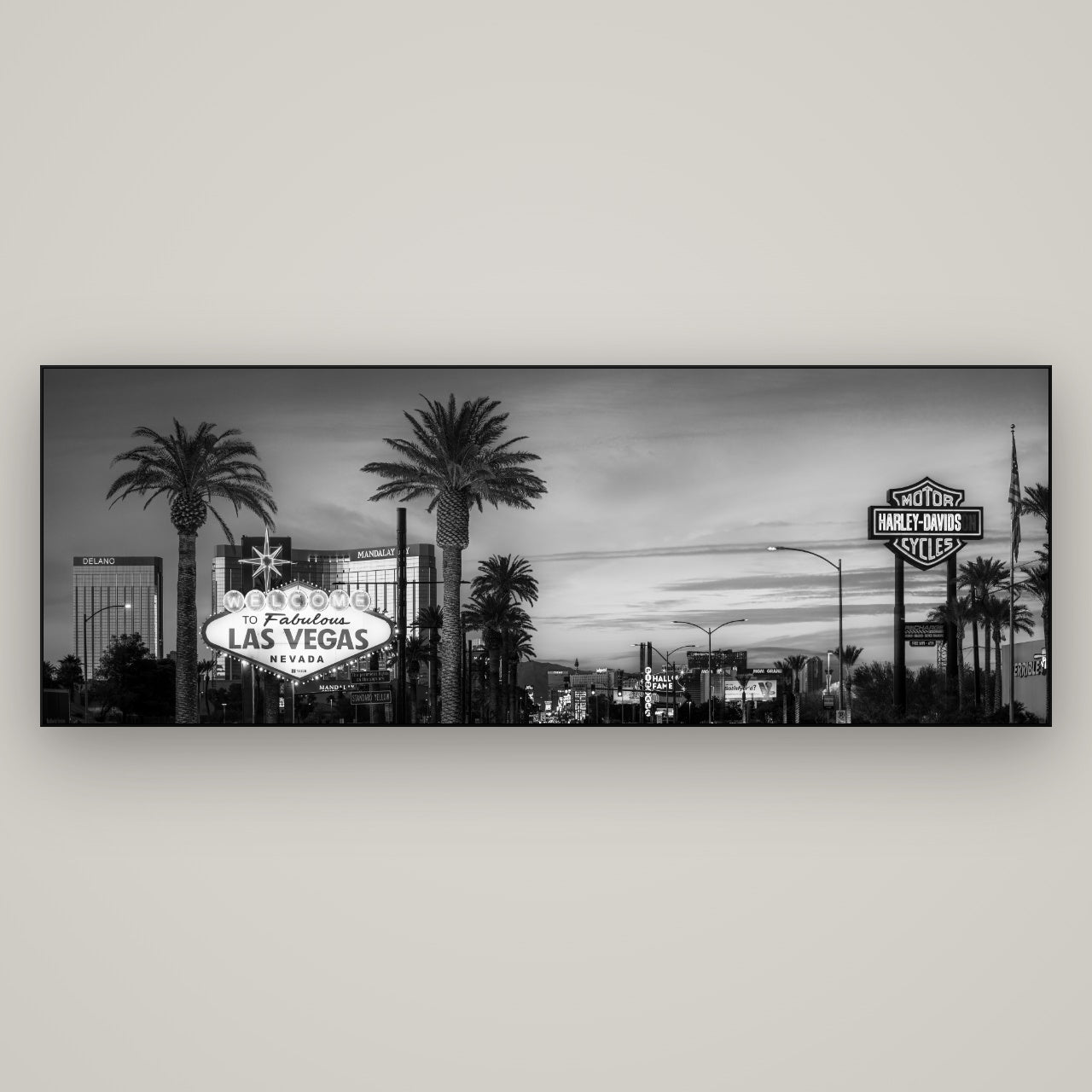 Neon Mirage, Sunset Dreams of Las Vegas — Slimline Black, 198×70 cm. New Zealand fine art wall art by Stephen Milner.