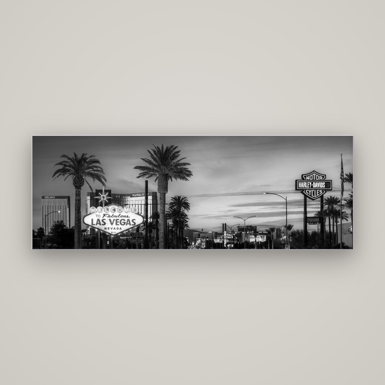 Neon Mirage, Sunset Dreams of Las Vegas — Slimline Silver, 170×60 cm. New Zealand fine art wall art by Stephen Milner.