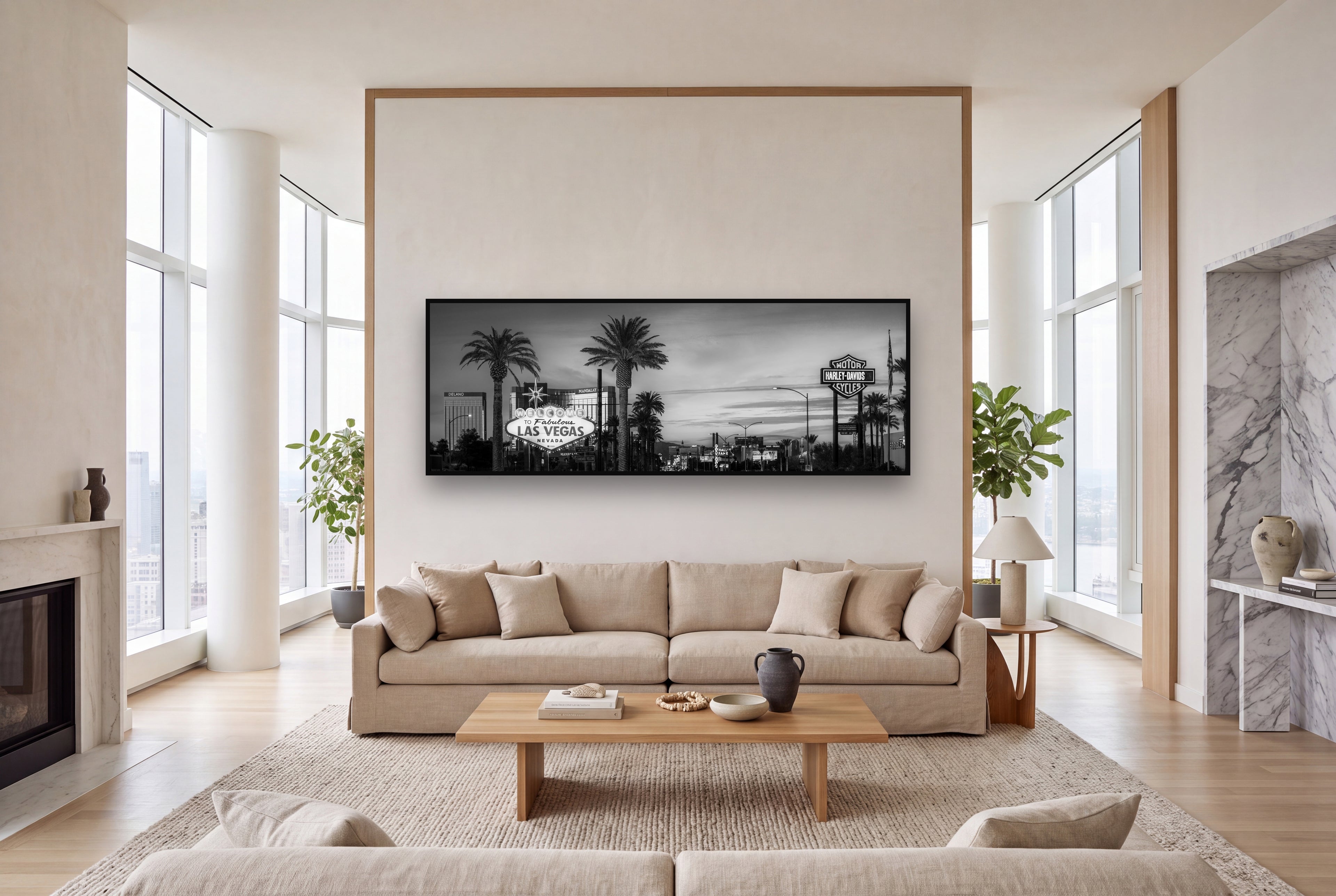 Neon Mirage, Sunset Dreams of Las Vegas shown as large black and white wall art in a styled room, fine art by Stephen Milner.