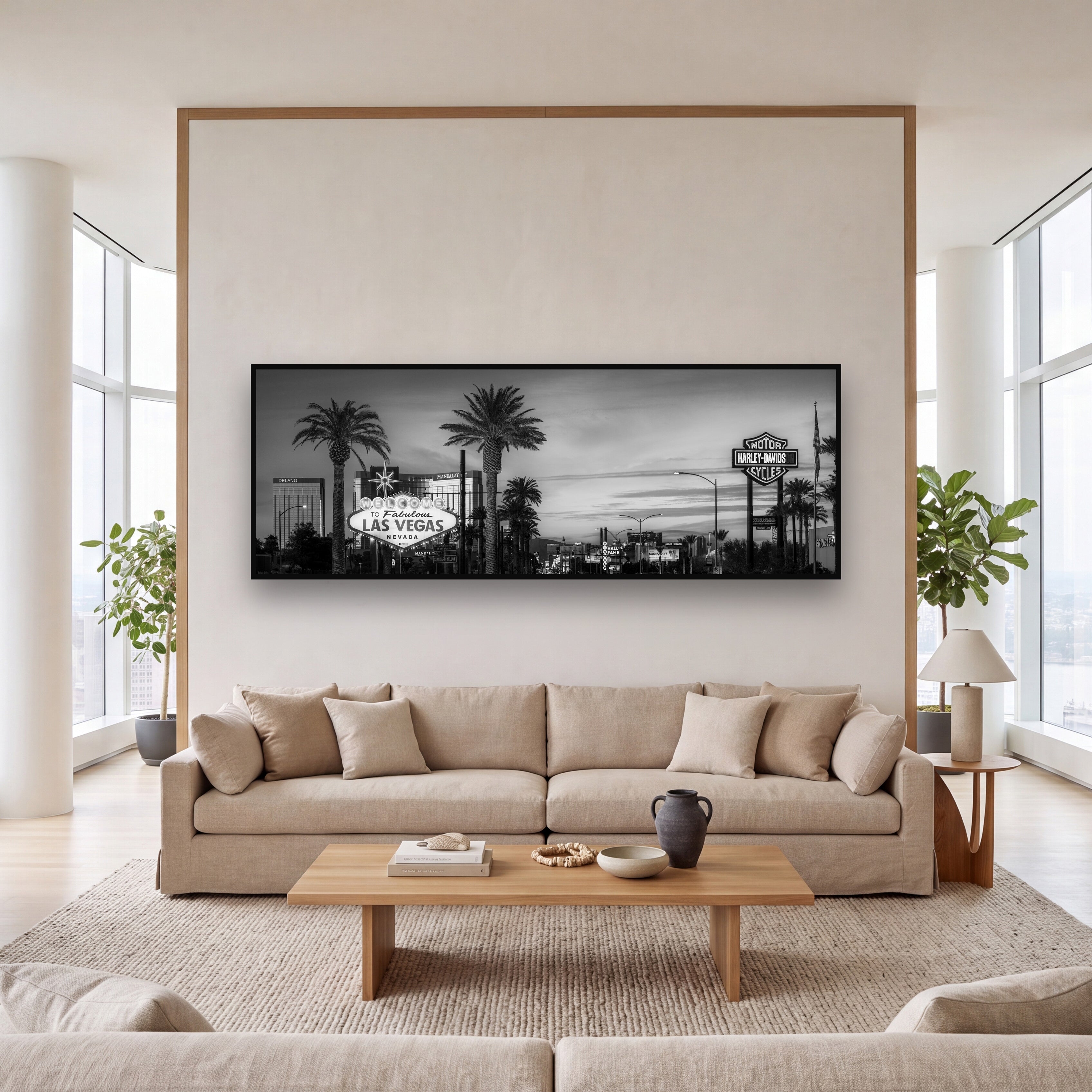 Neon Mirage, Sunset Dreams of Las Vegas shown as large black and white wall art in a styled interior. Fine art landscape photography by Stephen Milner.