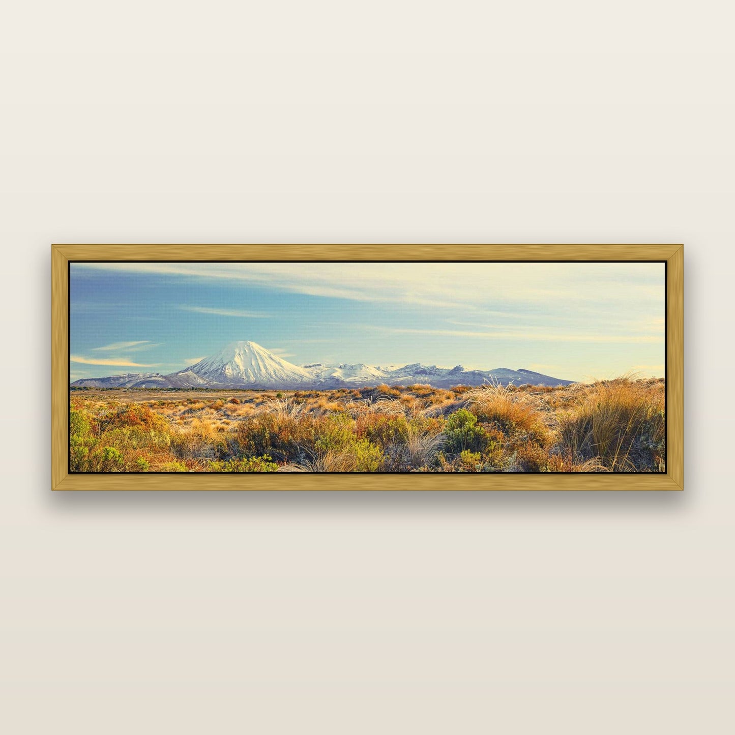 Ngauruhoe Cone, Tongariro National Park — framed metallic canvas print, Antique Gold frame. New Zealand fine art landscape wall art by Stephen Milner.