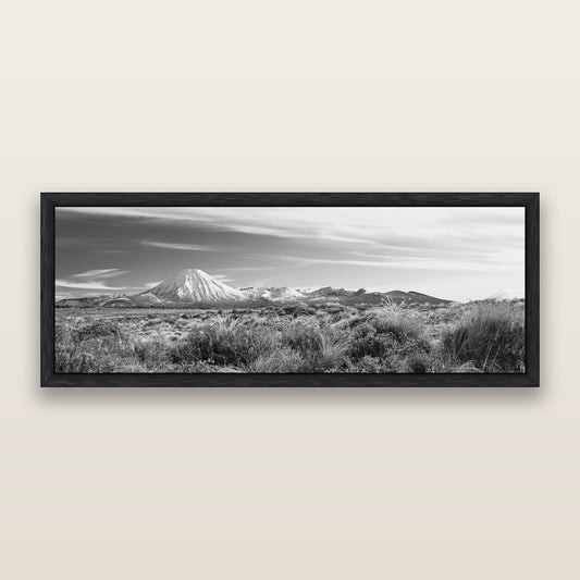 Ngauruhoe Cone, Tongariro National Park, black and white framed metallic canvas print, Black frame. New Zealand fine art wall art by Stephen Milner.