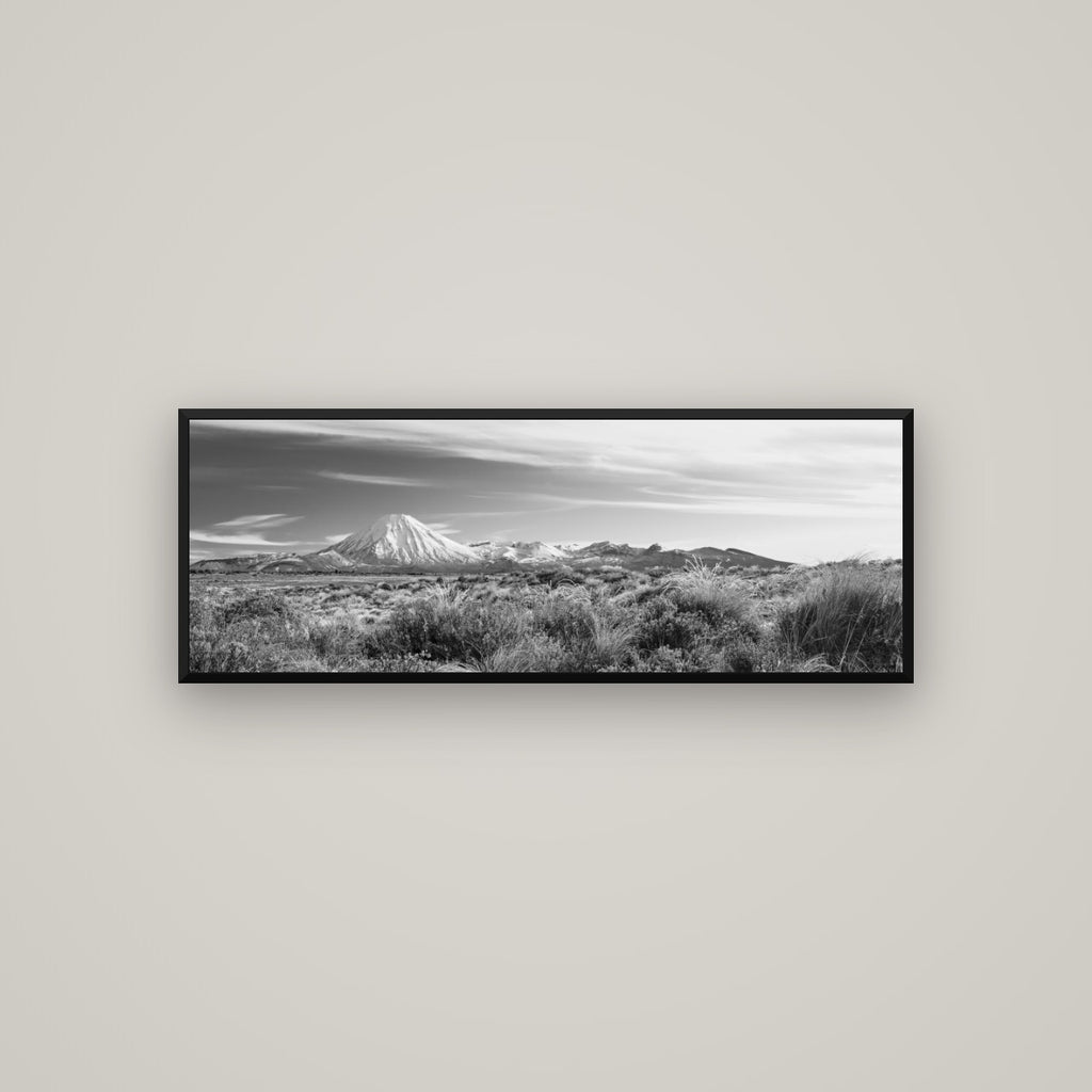 Ngauruhoe Cone, Tongariro National Park — Basel Black Matte, 113×40 cm. New Zealand fine art wall art by Stephen Milner.