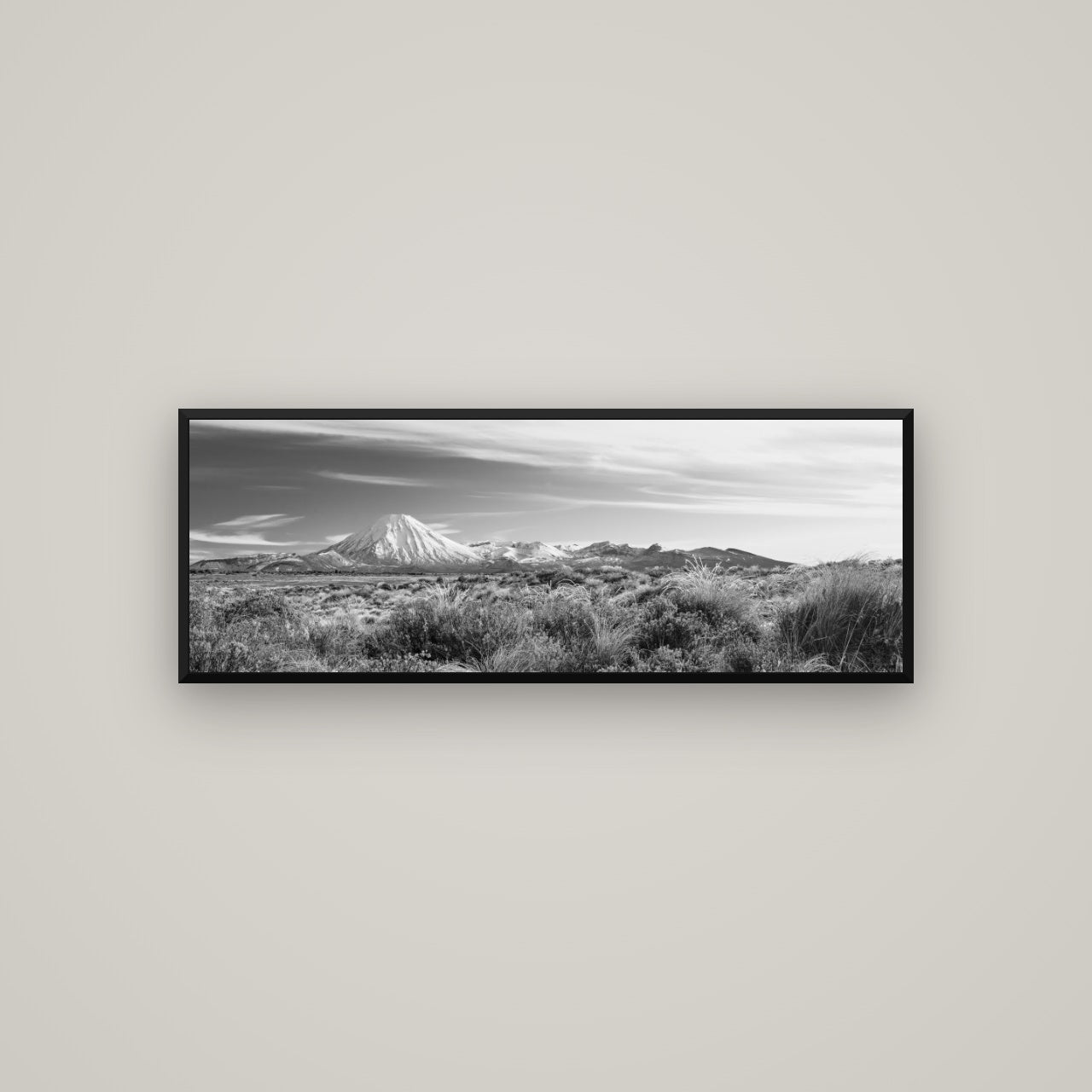 Ngauruhoe Cone, Tongariro National Park — Basel Black, 113×40 cm. New Zealand fine art wall art by Stephen Milner.