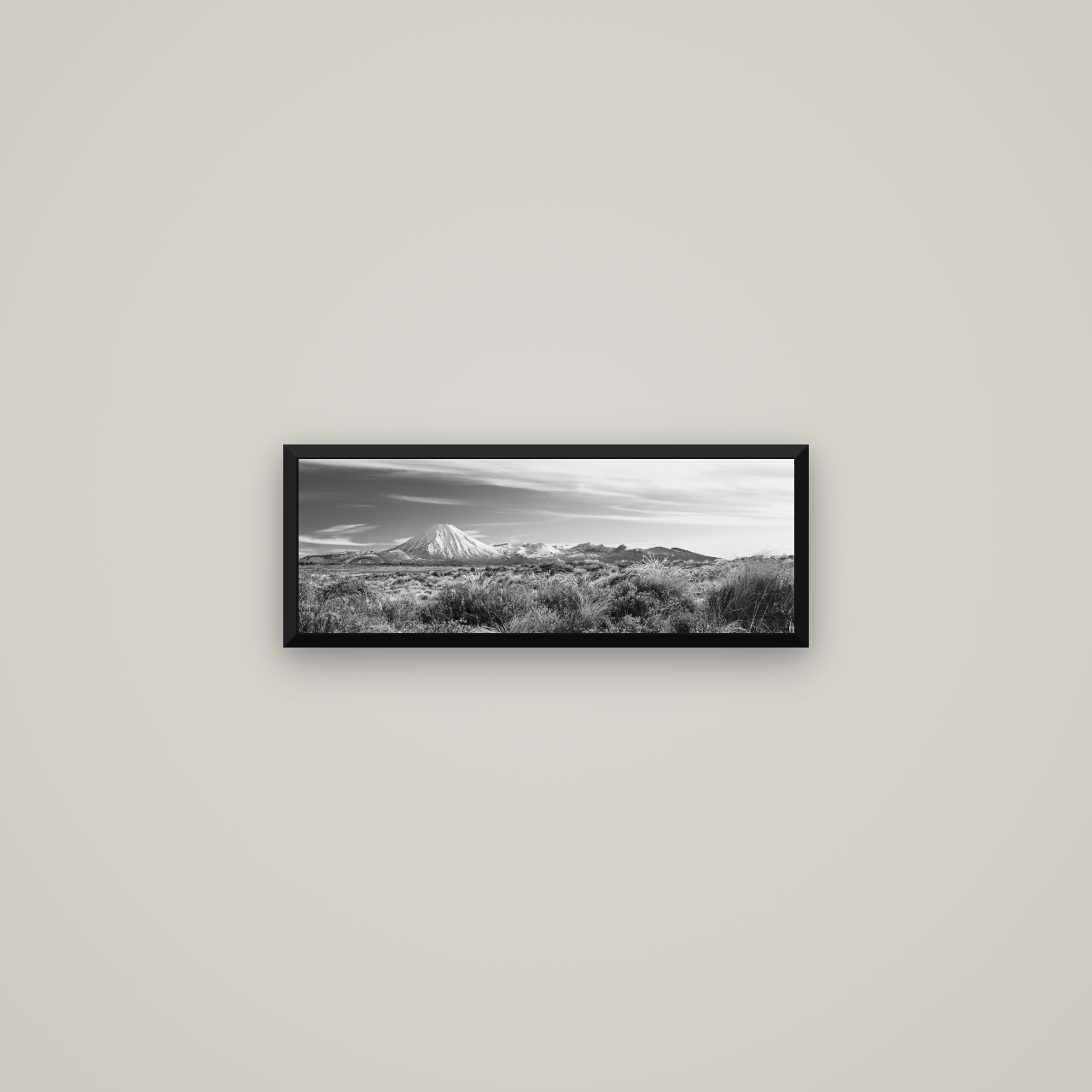 Ngauruhoe Cone, Tongariro National Park — Basel Black Matte, 57×20 cm. New Zealand fine art wall art by Stephen Milner.