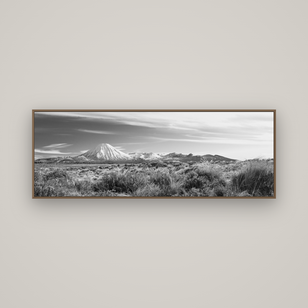 Ngauruhoe Cone, Tongariro National Park, Basel Walnut, 170×60 cm. New Zealand fine art wall art by Stephen Milner.