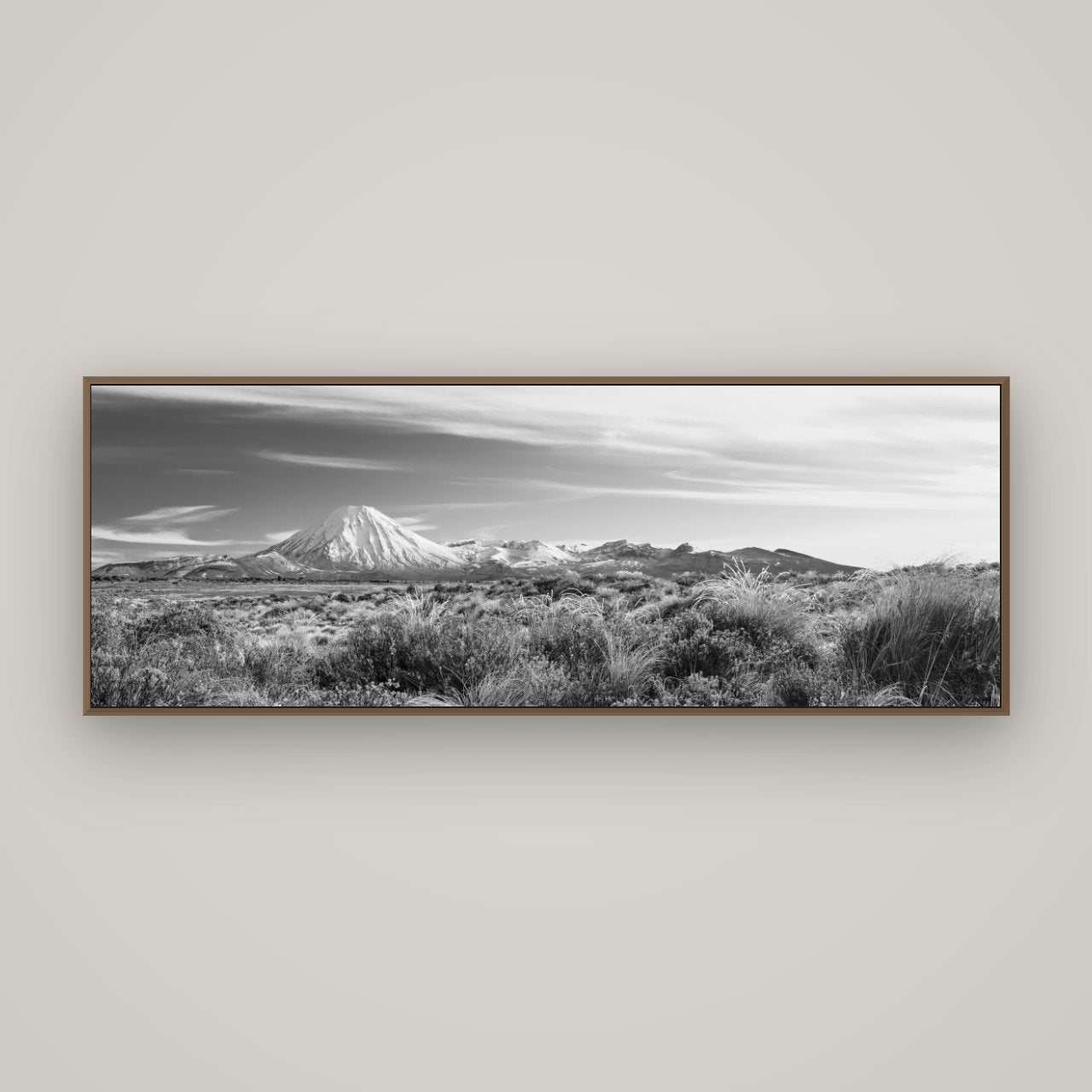 Ngauruhoe Cone, Tongariro National Park, Basel Walnut, 170×60 cm. New Zealand fine art wall art by Stephen Milner.