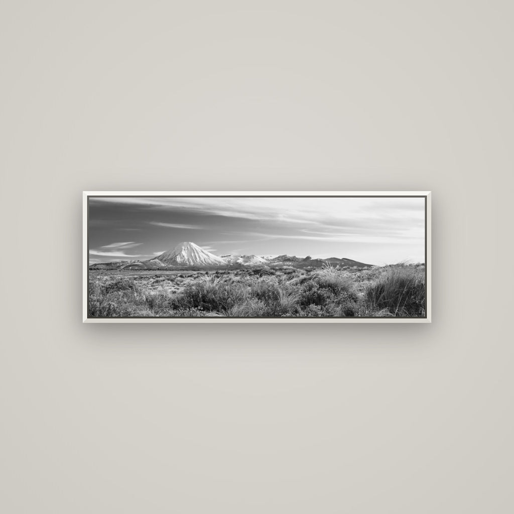 Ngauruhoe Cone, Tongariro National Park — Basel White, 113×40 cm. New Zealand fine art wall art by Stephen Milner.