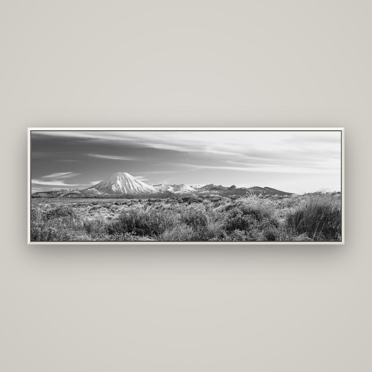 Ngauruhoe Cone, Tongariro National Park — Basel White, 170×60 cm. New Zealand fine art wall art by Stephen Milner.