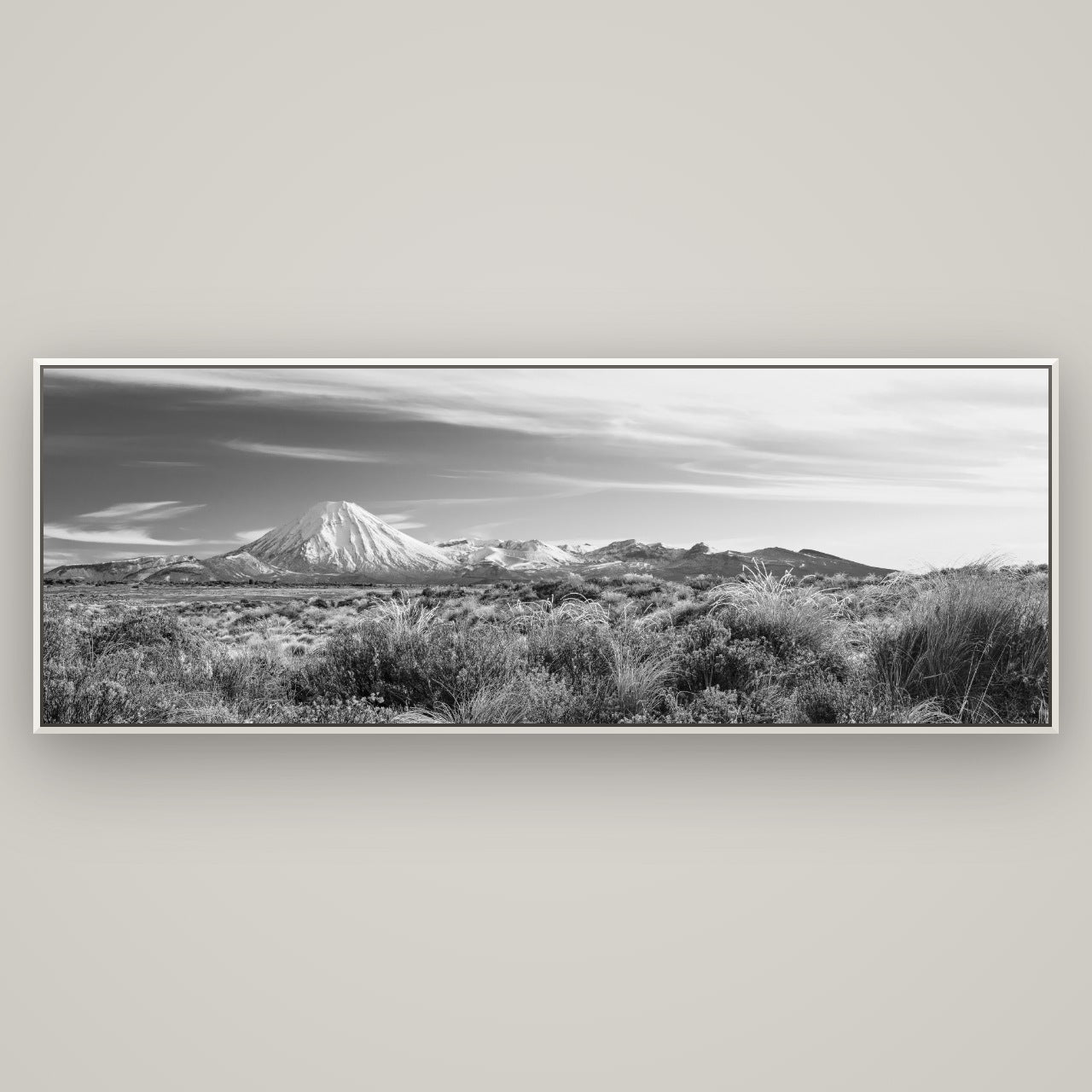 Ngauruhoe Cone, Tongariro National Park — Basel White, 198×70 cm. New Zealand fine art wall art by Stephen Milner.