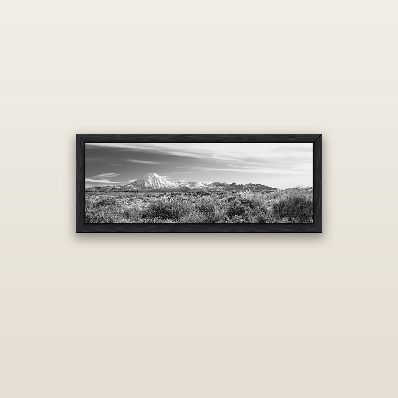 Ngauruhoe Cone, Tongariro National Park — black float frame canvas, 102 × 36 cm. New Zealand fine art landscape wall art by Stephen Milner.