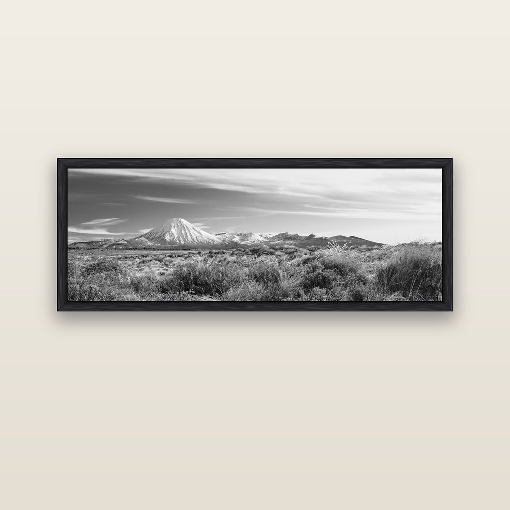 Ngauruhoe Cone, Tongariro National Park — black float frame canvas, 152 × 56 cm. New Zealand fine art landscape wall art by Stephen Milner.