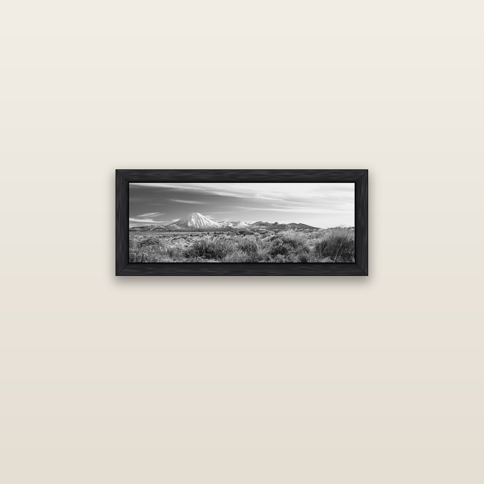 Ngauruhoe Cone, Tongariro National Park — black float frame canvas, 71 × 25 cm. New Zealand fine art landscape wall art by Stephen Milner.