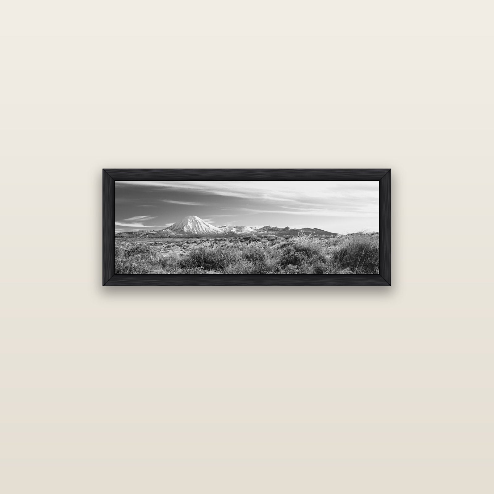 Ngauruhoe Cone, Tongariro National Park — black float frame canvas, 91 × 31 cm. New Zealand fine art landscape wall art by Stephen Milner.