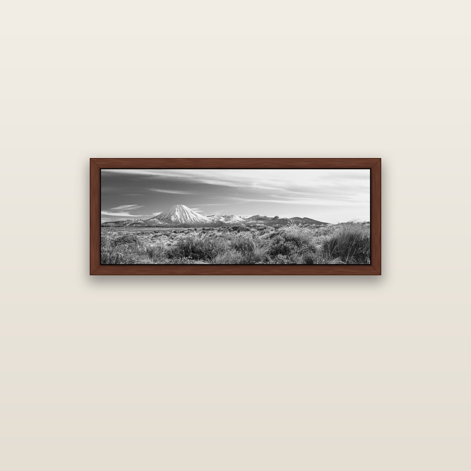 Ngauruhoe Cone, Tongariro National Park — brown float frame canvas, 102 × 36 cm. New Zealand fine art landscape wall art by Stephen Milner.