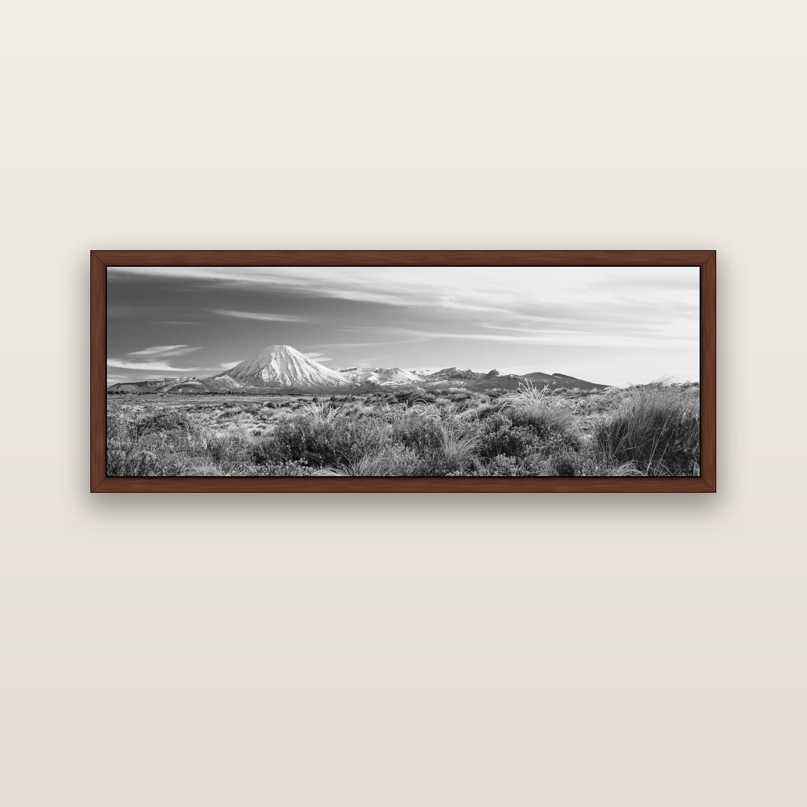 Ngauruhoe Cone, Tongariro National Park — brown float frame canvas, 152 × 56 cm. New Zealand fine art landscape wall art by Stephen Milner.