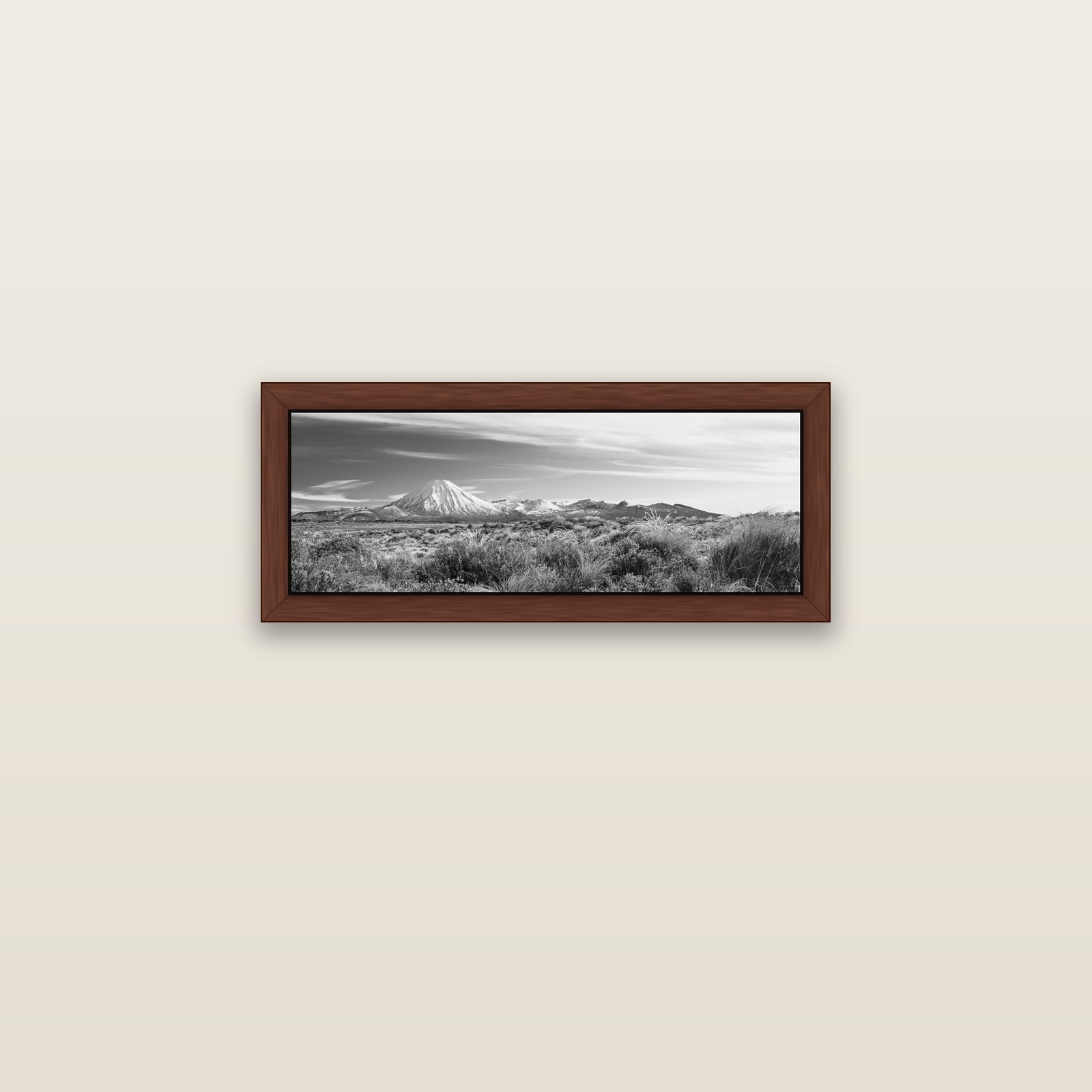 Ngauruhoe Cone, Tongariro National Park — brown float frame canvas, 71 × 25 cm. New Zealand fine art landscape wall art by Stephen Milner.