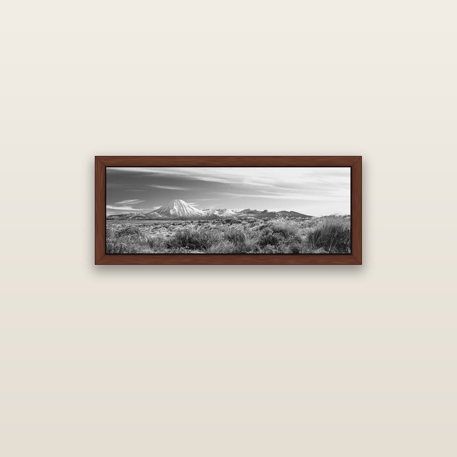 Ngauruhoe Cone, Tongariro National Park — brown float frame canvas, 91 × 31 cm. New Zealand fine art landscape wall art by Stephen Milner.